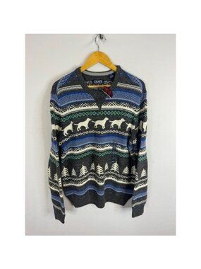 Chaps Mens Fair Isle Dog Pine Tree Knit Crewneck Sweater L Grey Blue NWT